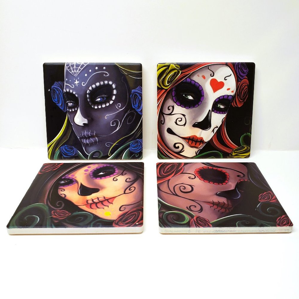 Sugar Skull Day of The Dead Calavera Sisters Coaster Set Halloween Lot of 4